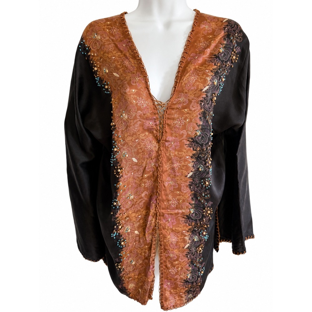 Tristan & Iseut Vintage 100% Silk Beaded Tunic Top Black Copper Boho Y2K Medium